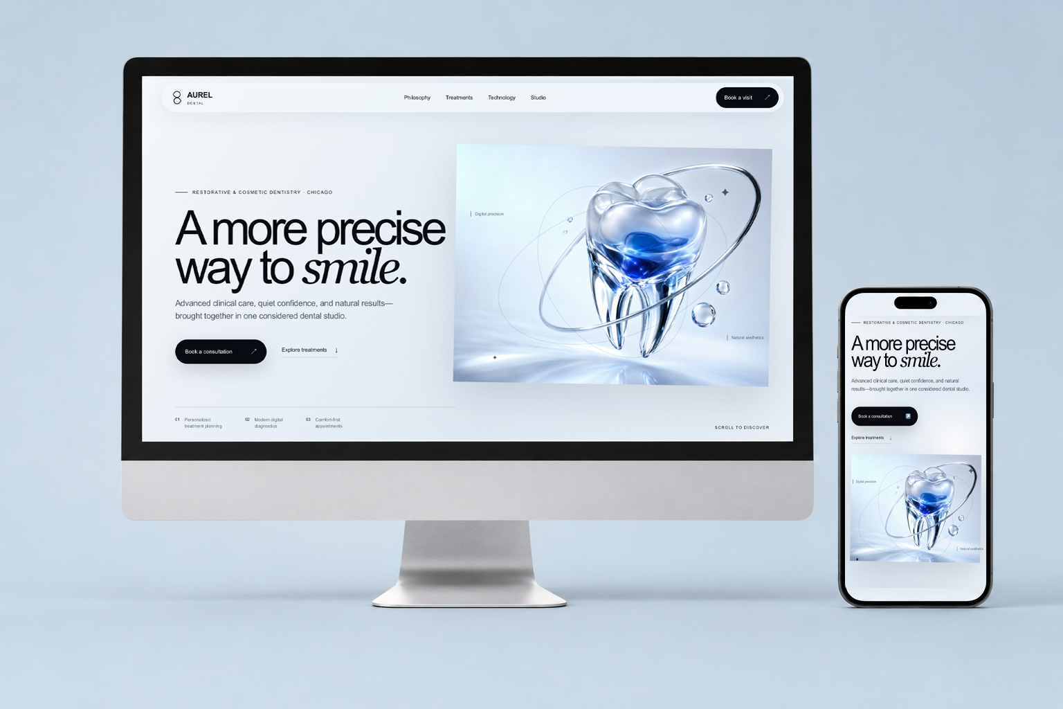 Responsive Aurel Dental website displayed on desktop and mobile devices.